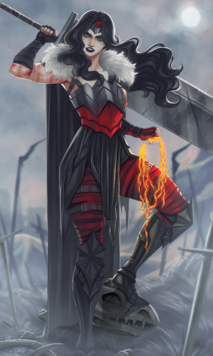 1girl, absolute_dc, absolute_wonder_woman, arm_tattoo, arm_wrap, armor, commentary, dc_comics