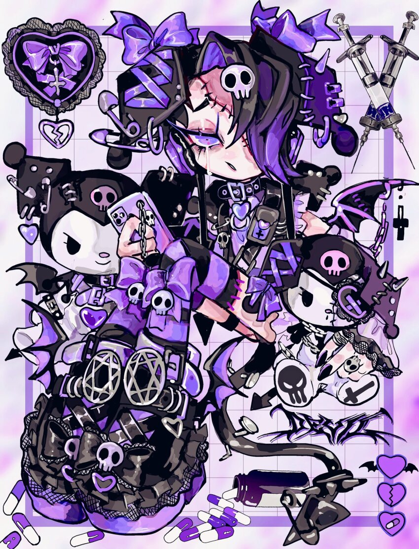 1girl, amatou_akuma, bat_wings, black_hair, black_nails, black_shoes, black_straps, black_tail