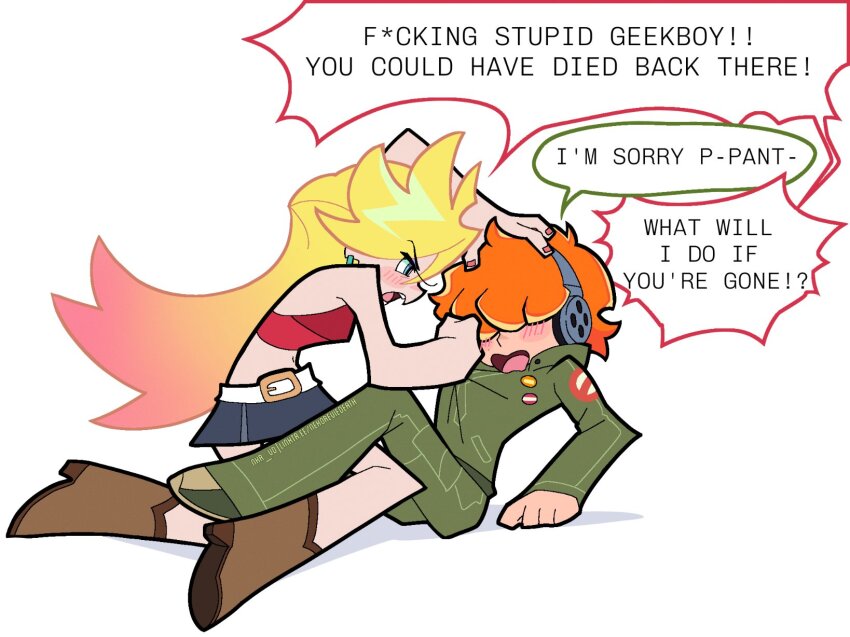 1boy, 1girl, angry, armpits, bare_shoulders, belt, blonde_hair, blue_eyes