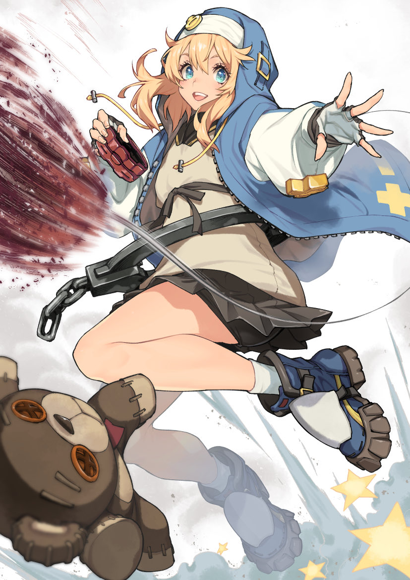 1boy, bike_shorts, bike_shorts_under_skirt, black_shorts, black_skirt, blonde_hair, blue_eyes, bridget_(guilty_gear)