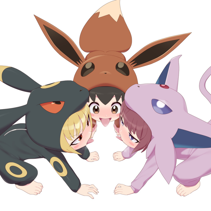 3girls, all_fours, barefoot, bear_position, black_hair, blonde_hair, blush_stickers, bright_pupils, brown_eyes, brown_hair, cosplay, eevee, eevee_(cosplay), eevee_ears, eevee_tail, espeon, espeon_(cosplay), gen_1_pokemon, gen_2_pokemon, highres, hood, hood_up, kigurumi, loli, long_sleeves, maidforge, multiple_girls, nintendo, open_mouth, paid_reward_available, poke_kid_(pokemon), pokemon, pokemon_sword_and_shield, purple_eyes, simple_background, toes, tongue, tongue_out, umbreon, umbreon_(cosplay), white_background, white_pupils