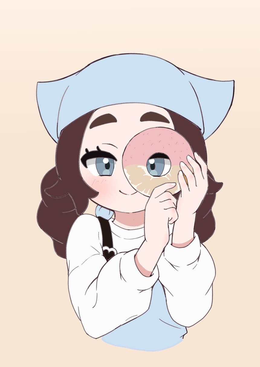 1girl, ansha_(pokemon), apron, blue_apron, brown_hair, closed_mouth, commentary_request, cropped_torso