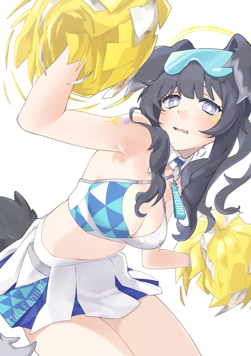 1girl, absurdres, animal_ears, black_hair, blue_archive, breasts, cheerleader, commentary_request
