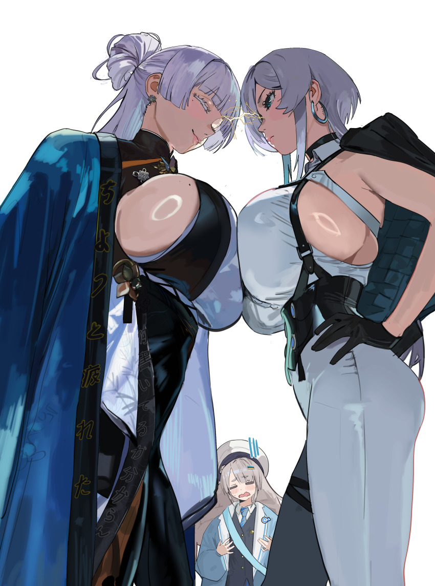 3girls, absurdres, beret, black_corset, black_gloves, blue_eyes, blue_jacket, blue_necktie, blush, breast_contest, breast_envy, breast_press, breasts, brid_(nikke), brid_(silent_track)_(nikke), chest_harness, closed_eyes, collared_shirt, colored_eyelashes, commentary, corset, earrings, english_commentary, female_focus, gloves, goddess_of_victory:_nikke, grey_hair, hand_on_own_hip, harness, hat, highres, hintobento, hoop_earrings, huge_breasts, jacket, jacket_on_shoulders, jewelry, lightning_glare, long_hair, long_sleeves, medium_hair, military_hat, mole, mole_on_breast, mole_under_eye, multiple_girls, nayuta_(nikke), necktie, official_alternate_costume, open_mouth, pants, rivalry, shirt, sideboob, sideless_shirt, smile, soline_(nikke), symmetrical_docking, thighs, tight_clothes, tight_pants, white_hat, white_pants, white_shirt
