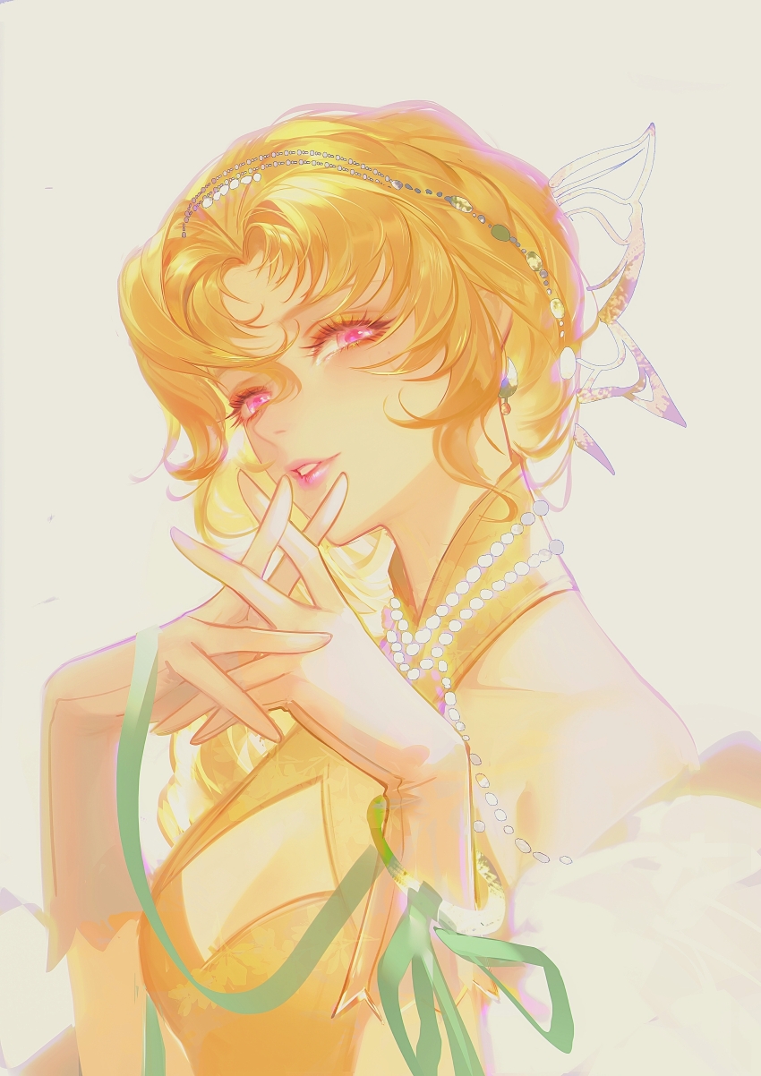 1girl, absurdres, bare_shoulders, blonde_hair, breasts, butterfly_hair_ornament, china_dress, chinese_clothes