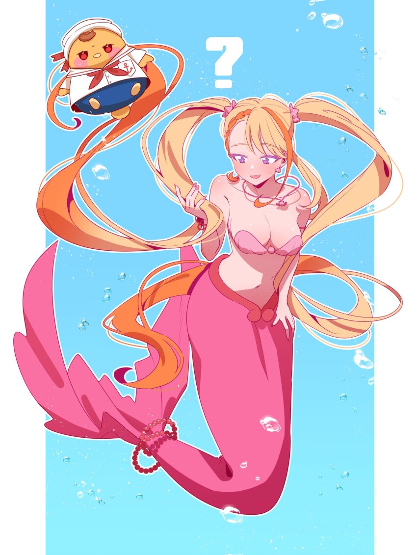 1girl, ?, air_bubble, anchor_symbol, bead_tail_ornament, bikini, bird, blue_background, blush, bracelet, breasts, bubble, cleavage, commentary, cosplay, cure_butterfly, earrings, feathered_wings, genre_connection, hair_ornament, hand_on_own_thigh, hat, hello_silly0081, highres, hijiri_ageha, hirogaru_sky!_precure, holding, holding_own_hair, jewelry, large_breasts, long_hair, looking_at_viewer, looking_down, mermaid, mermaid_melody_pichi_pichi_pitch, monster_girl, nanami_lucia, nanami_lucia_(cosplay), navel, necklace, pearl_bracelet, precure, sailor, sailor_collar, sailor_hat, sailor_shirt, seashell, shell, shell_bikini, shell_earrings, shell_necklace, shirt, sweat, swimsuit, untranslatable_commentary, twintails, two-tone_background, underwater, white_background, white_sailor_collar, wings, yuunagi_tsubasa, yuunagi_tsubasa_(bird)
