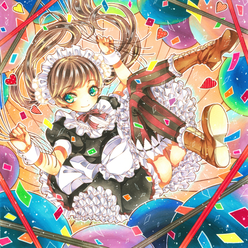1girl, apron, back_bow, balloon, bib_collar, black_dress, black_ribbon, boots