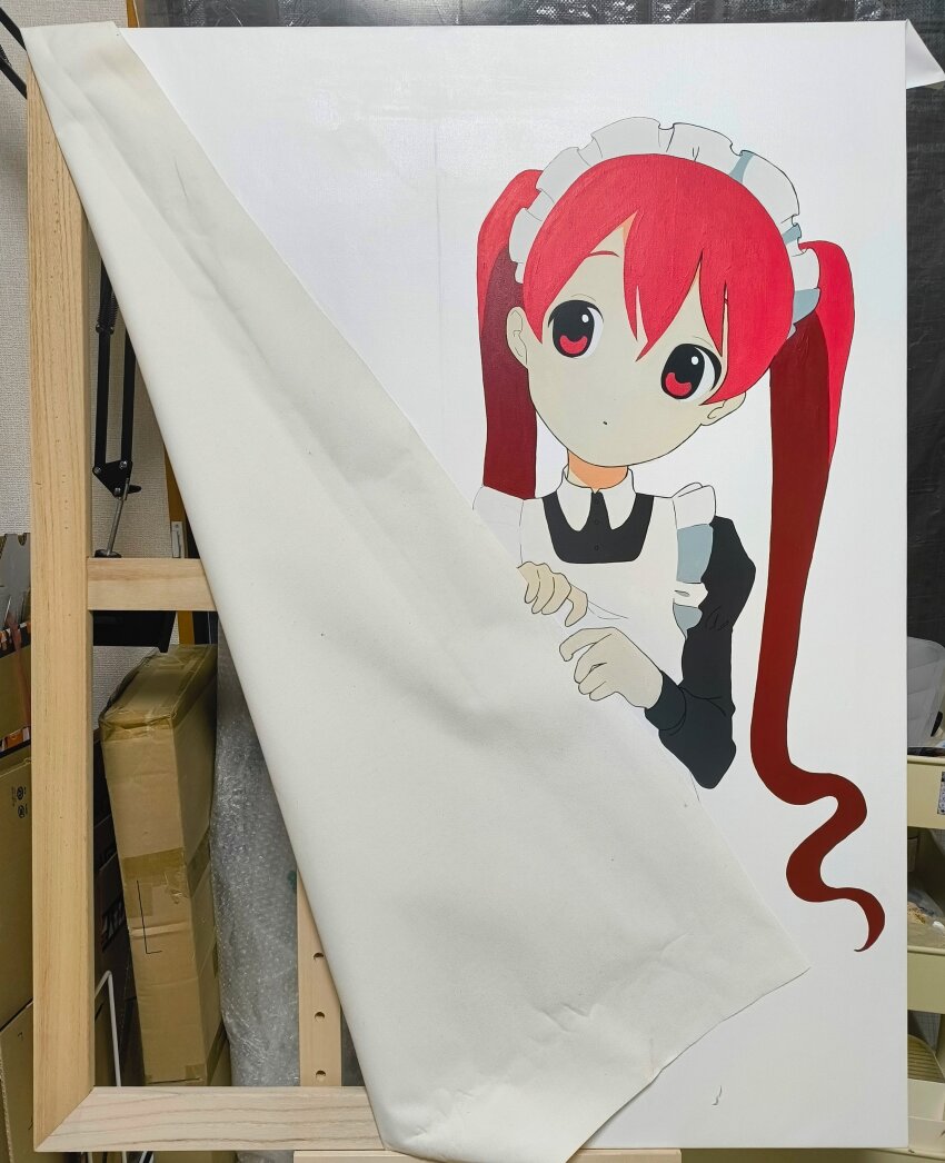 1girl, absurdres, acrylic_gouache_(medium), apron, black_dress, painting_(medium), commentary_request, dress