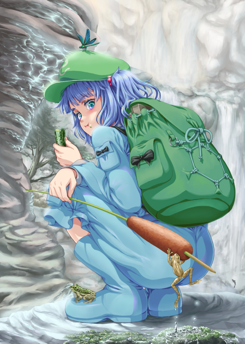 1girl, aqua_eyes, backpack, bag, blue_boots, blue_hair, blue_jacket, blue_skirt