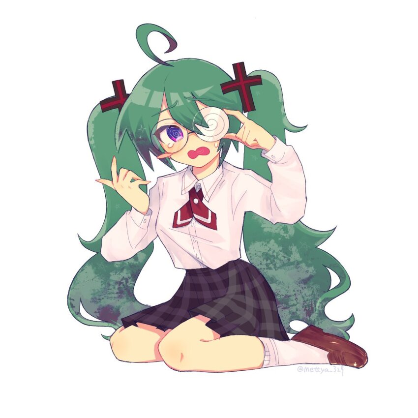 1girl, @_@, adjusting_eyewear, ahoge, alternate_eye_color, blush_stickers, coke-bottle_glasses, collared_shirt, commentary, confessions_of_a_rotten_girl_(vocaloid), cross_hair_ornament, full_body, glasses, green_hair, hair_ornament, hatsune_miku, highres, long_hair, mettya_329, open_mouth, plaid_clothes, plaid_skirt, purple_eyes, school_uniform, shirt, simple_background, single_blush_sticker, sitting, skirt, solo, sweat, tears, twintails, very_long_hair, vocaloid, wariza, white_background, white_shirt