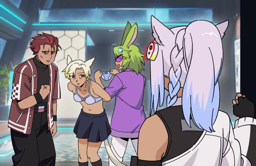 1girl, 3boys, :d, animal_ears, black_gloves, black_pants, black_shirt, blonde_hair