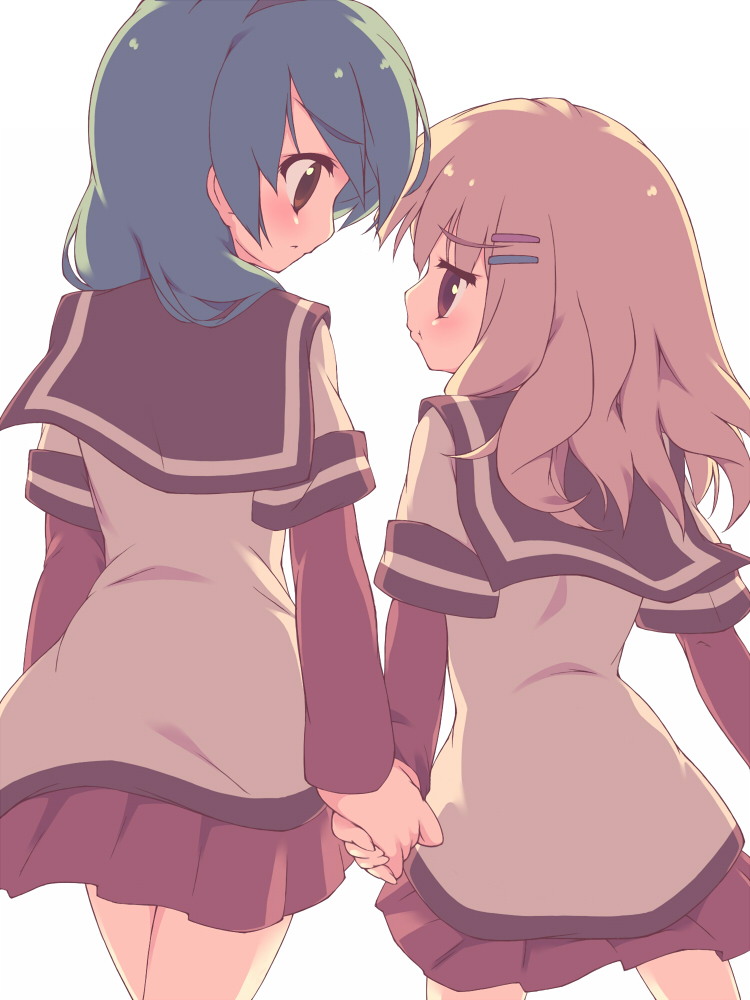 2girls, blonde_hair, blue_hair, eye_contact, female_focus, furutani_himawari, hair_ornament, hairband, hairclip, holding_hands, layered_sleeves, long_sleeves, looking_at_another, multiple_girls, oomuro_sakurako, parallel_hairclips, pout, school_uniform, serafuku, short_over_long_sleeves, short_sleeves, simple_background, tsundere, white_background, yu-twilight, yuri, yuruyuri