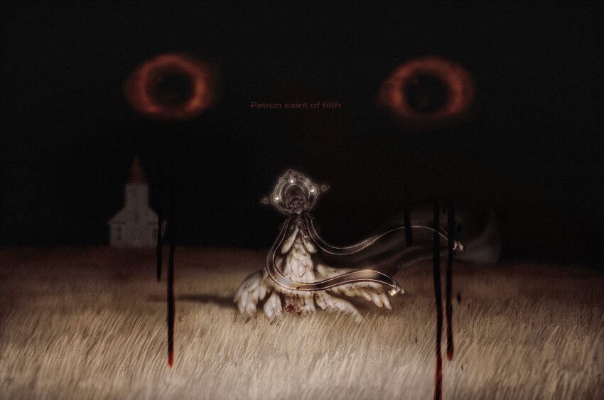 1other, absurdres, berrylavend3r, blood, bloody_tears, church, commentary, cookie_run, doughael, highres, horror_(theme), looking_at_viewer, night, outdoors, solo, standing, wheat_field