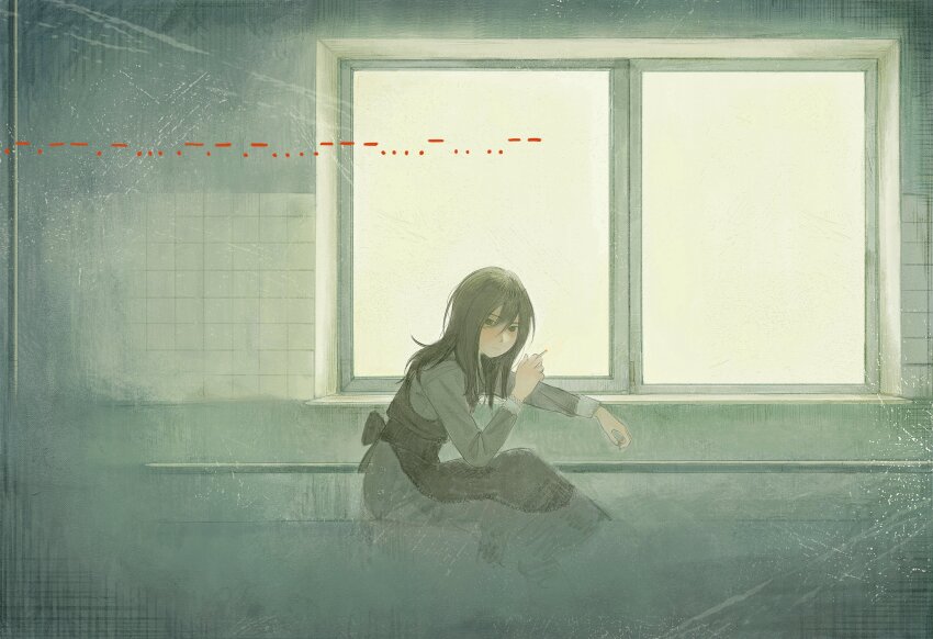 1girl, absurdres, apron, black_apron, black_eyes, black_hair, cigarette, dress