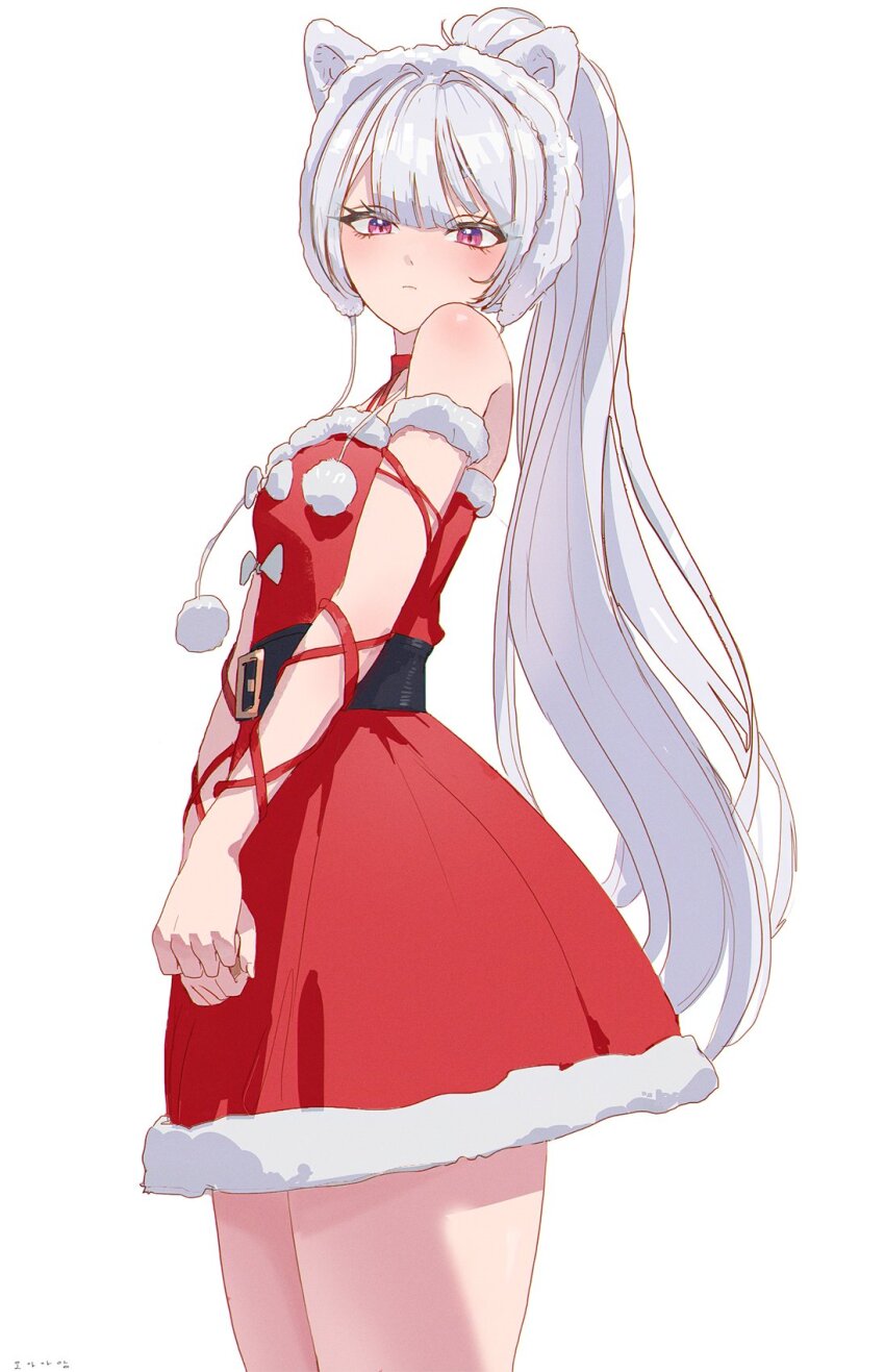 1girl, animal_ears, bare_shoulders, belt, belt_buckle, buckle, christmas, cowboy_shot