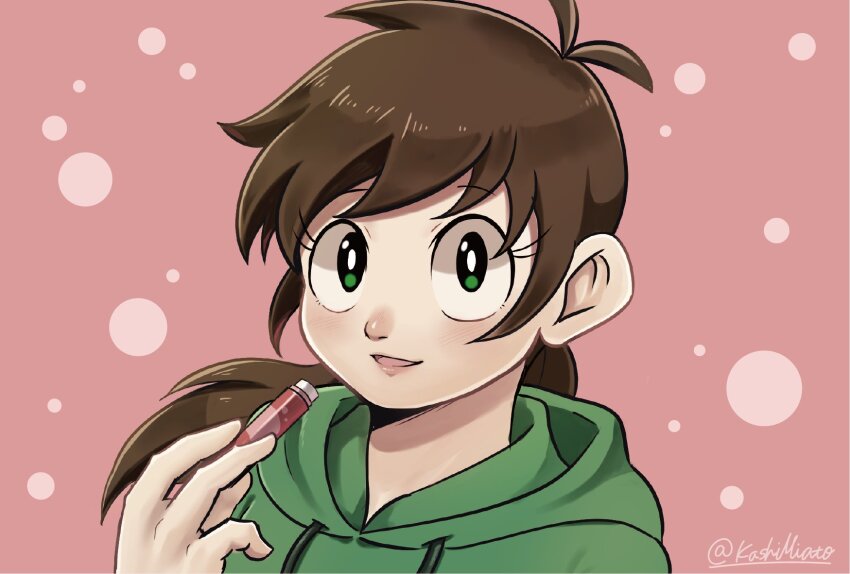 1girl, animification, antenna_hair, bright_pupils, brown_hair, commentary_request, cosmetics, drawstring