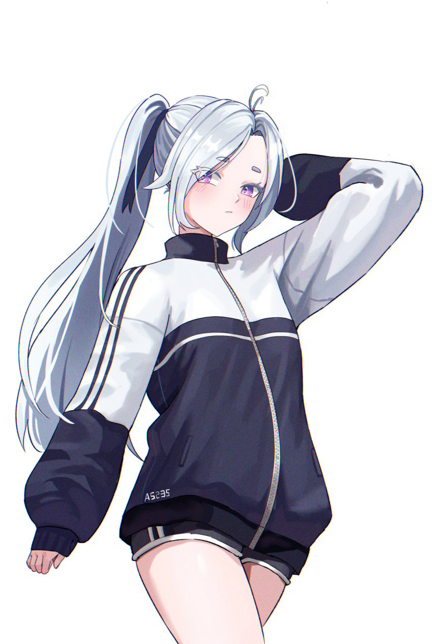 a5235, arm_up, cowboy_shot, dark_blue_clothes, dolphin_shorts, forehead, high_ponytail, highres, jacket, long_hair, long_sleeves, pink_eyes, ponytail, shorts, simple_background, sirian_rain, thighs, virtual_youtuber, waktaverse, white_background, white_hair, white_jacket
