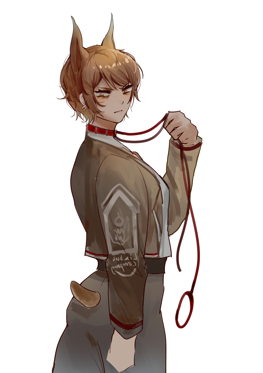 1girl, :|, absurdres, animal_ears, arm_up, brown_eyes, brown_hair, brown_jacket