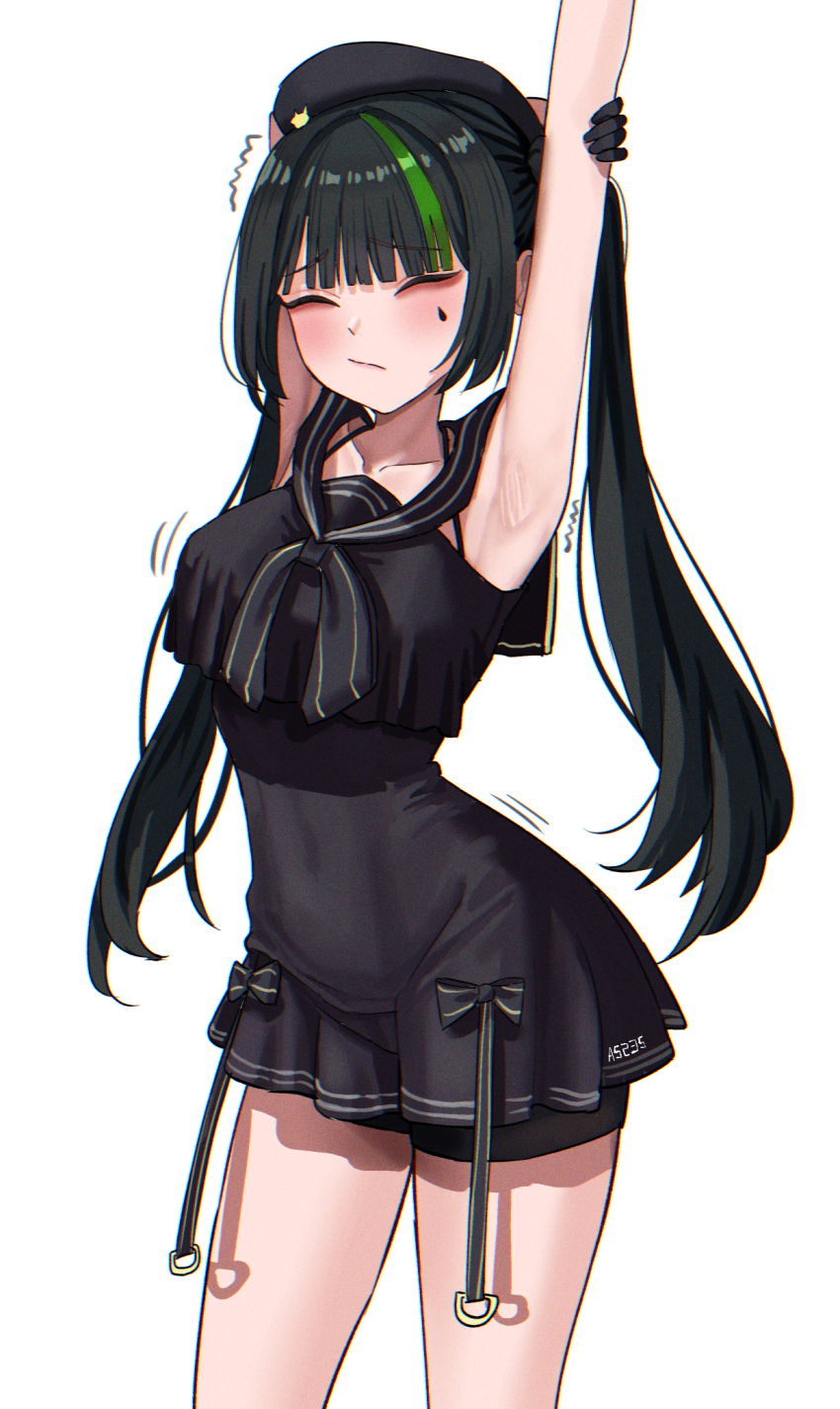 a5235, armpits, arms_up, black_gloves, black_hair, closed_eyes, closed_mouth, cowboy_shot
