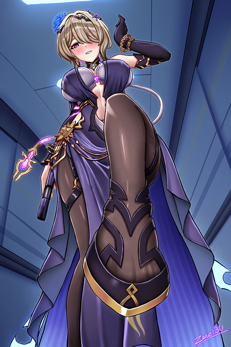 1girl, blush, breasts, brown_pantyhose, cleavage, dress, feet, foot_focus