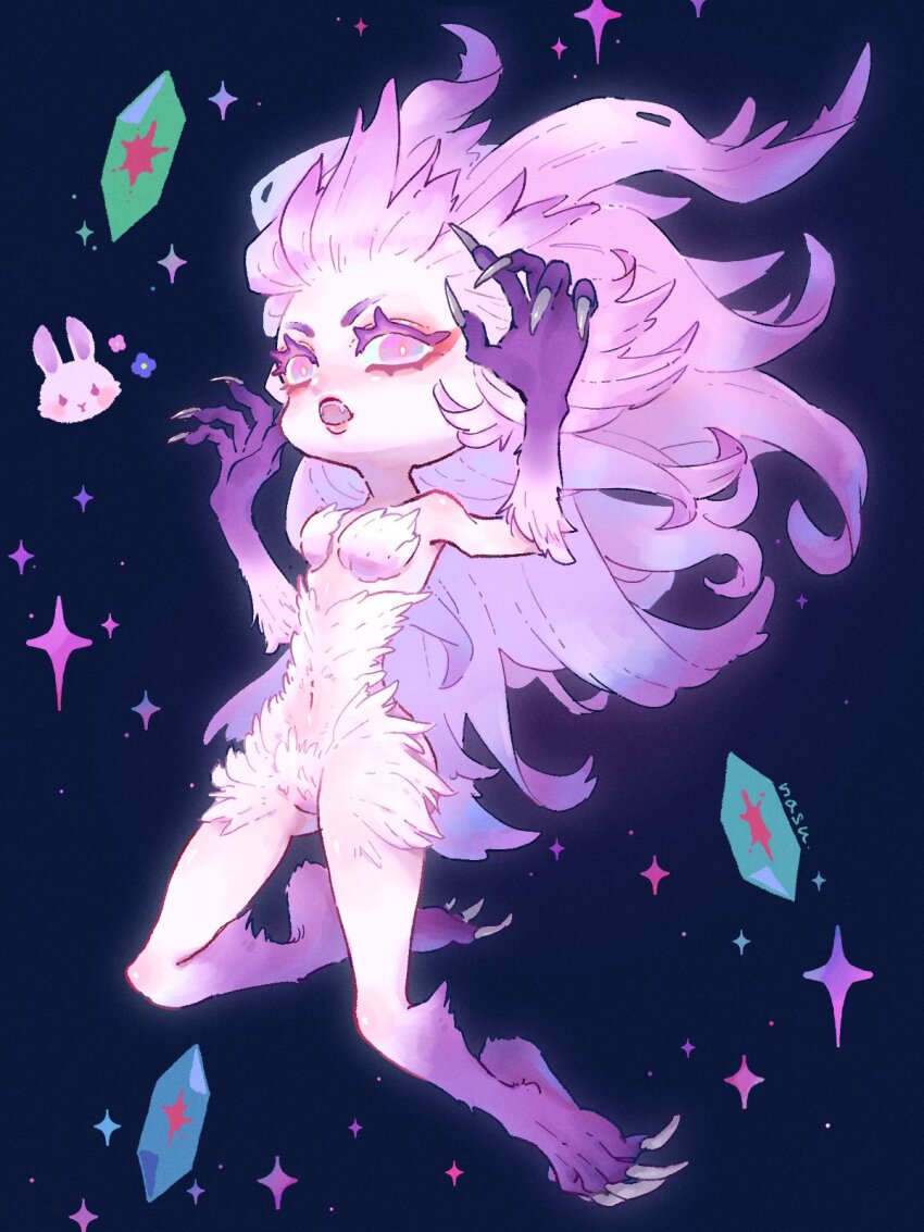 1girl, bare_shoulders, breasts, clawed_feet, claws, colored_eyelashes, commentary_request, crystal