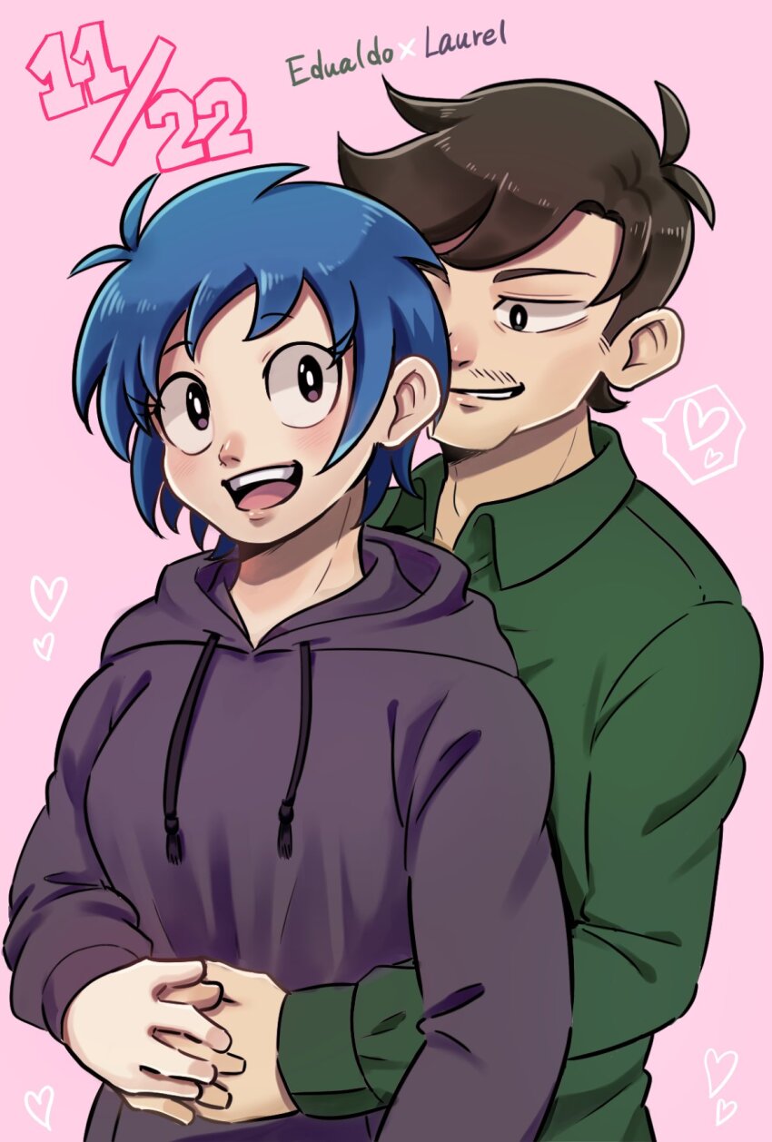 1boy, 1girl, :d, animification, antenna_hair, arms_around_another's_waist, black_eyes, blue_hair, blush, bright_pupils, brown_hair, collared_shirt, commentary_request, couple, drawstring, eddsworld, eduardo_(eddsworld), facial_hair, green_shirt, heart, hetero, highres, hood, hood_down, hoodie, ii_fuufu_no_hi, kashimiato, laurel_(eddsworld), long_sleeves, mustache_stubble, open_mouth, pink_background, purple_eyes, purple_hoodie, shirt, short_hair, simple_background, smile, spoken_heart, stubble, upper_body, white_pupils