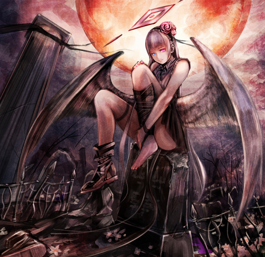 1girl, angel_wings, bare_shoulders, black_boots, black_skirt, blue_eyes, boots, bracelet