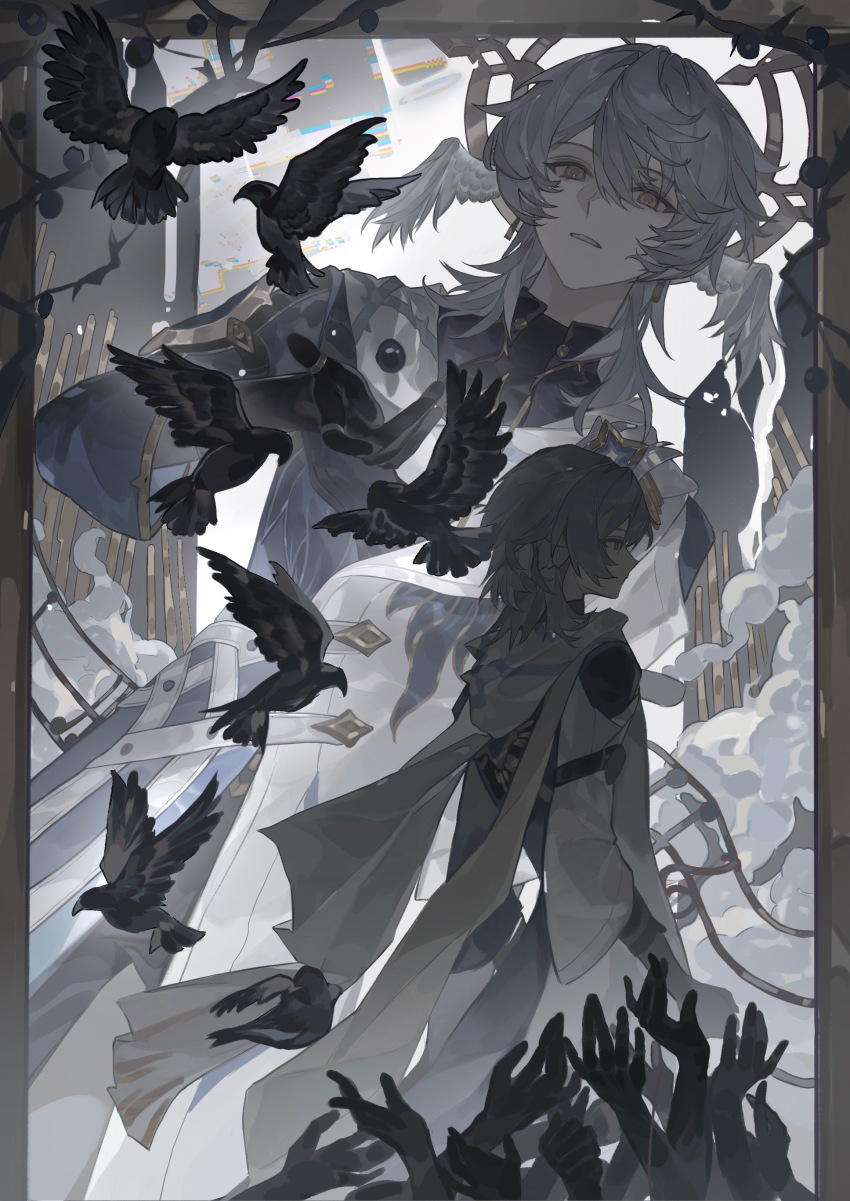 1boy, absurdres, bird, black_bird, black_pants, blue_coat, chinese_commentary, chiyu_(shuchiyu607), coat, commentary_request, disembodied_hand, dual_persona, earrings, feathered_wings, gloves, grey_hair, hair_between_eyes, hair_over_shoulder, halo, halo_behind_head, head_wings, highres, honkai:_star_rail, honkai_(series), jacket, jewelry, long_hair, long_scarf, long_sleeves, looking_at_viewer, male_focus, multicolored_coat, multiple_views, muted_color, pants, profile, scarf, shirt, smoke, sunday_(honkai:_star_rail), upper_body, white_coat, white_scarf, white_wings, wings, yellow_eyes