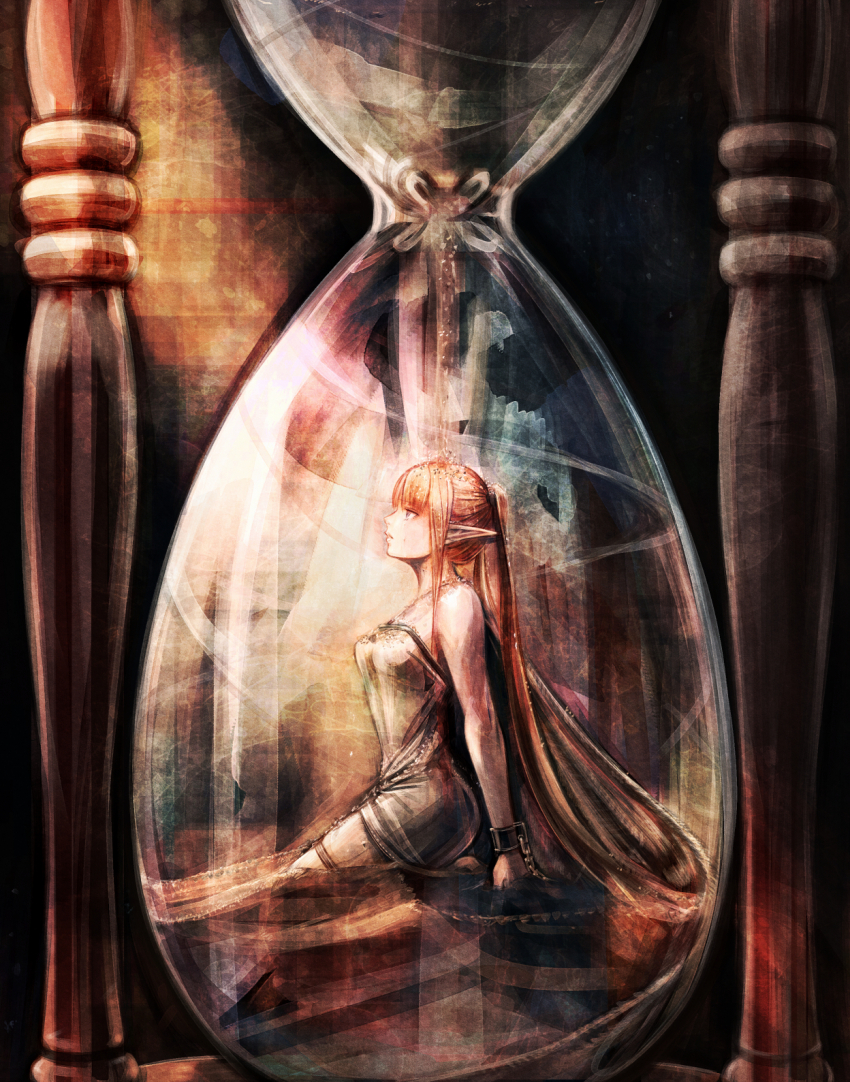 1girl, breasts, chain, chained, commentary, crying, cuffs, dress, fairy, falling_sand, from_side, highres, hourglass, in_hourglass, jewelry, long_hair, long_pointy_ears, looking_up, medium_breasts, orange_hair, original, pointy_ears, sand, seiza, shackles, sitting, solo, sushi_(sashimise), thighlet, twintails, wings