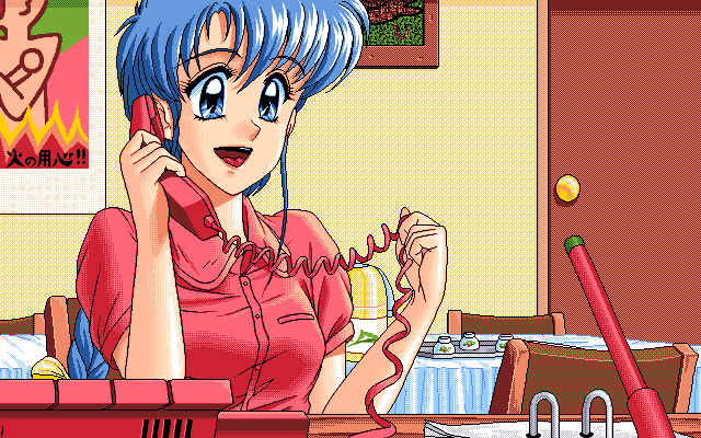 199, 1990s_(style), blue_eyes, blue_hair, breasts, chair, door, holding