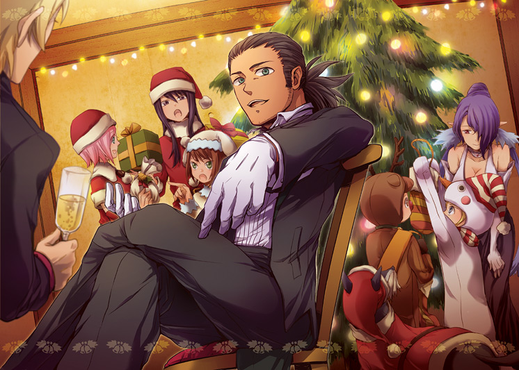 00s, 4boys, 4girls, alternate_costume, animal_costume, black_hair, blue_hair, breasts, brown_hair, christmas, christmas_tree, cleavage, crossed_legs, dog, estellise_sidos_heurassein, estellise_sidos_heurassein_(holy_night_delivery_girl), flynn_scifo, flynn_scifo_(cultured_gentleman), formal_clothes, gloves, hair_over_one_eye, hat, judith_(invitation_to_a_wonderful_evening)_(tales), judith_(tales), karol_capel, karol_capel_(delivery_reindeer), long_hair, massara_heddo, medium_breasts, multiple_boys, multiple_girls, official_alternate_costume, pants, patty_fleur, pink_hair, ponytail, raven_(tales), repede_(tales), rita_mordio, santa_costume, santa_hat, short_hair, sitting, suit, tales_of_(series), tales_of_vesperia, white_gloves, yuri_lowell