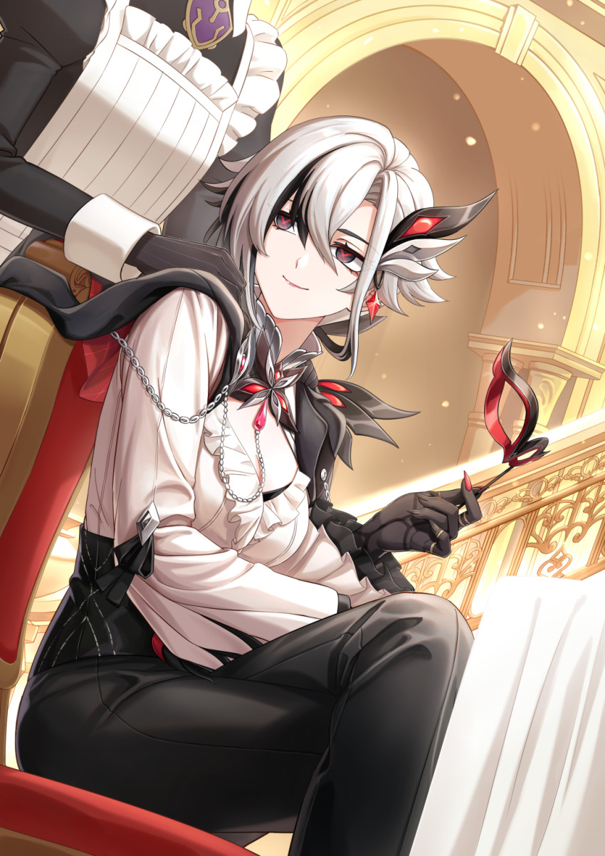 2girls, apron, arlecchino_(genshin_fes_2026)_(genshin_impact), arlecchino_(genshin_impact), black_eyes, black_hair, black_pants, breasts