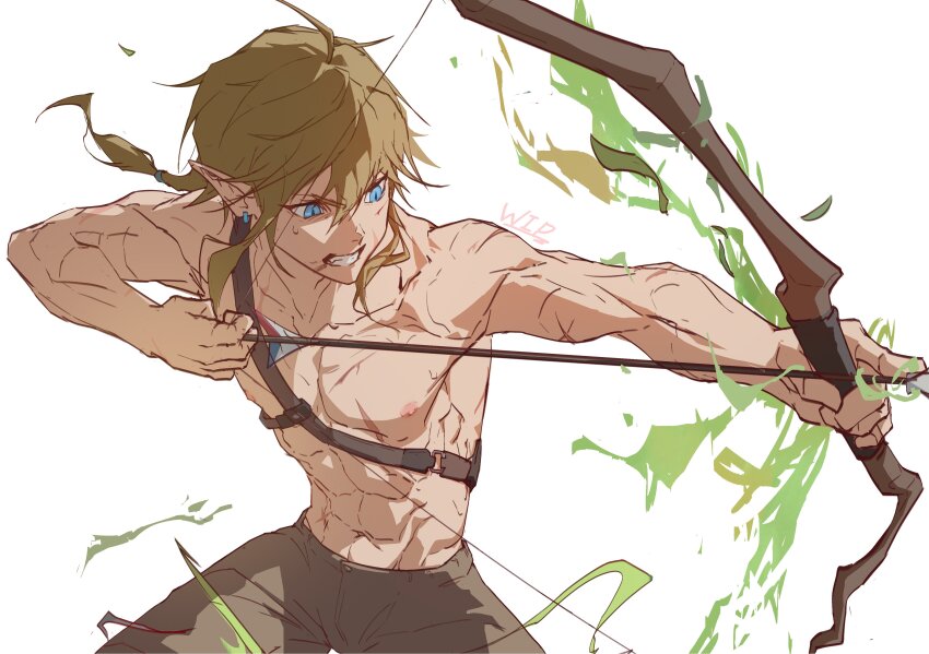 1boy, absurdres, aqua_eyes, archery, arrow_(projectile), blonde_hair, bow_(weapon), brown_pants