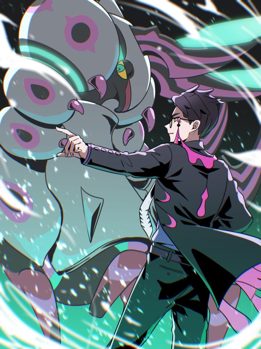 1boy, absurdres, antennae, aqua_eyes, armor, black-framed_eyewear, black_hair, black_jacket