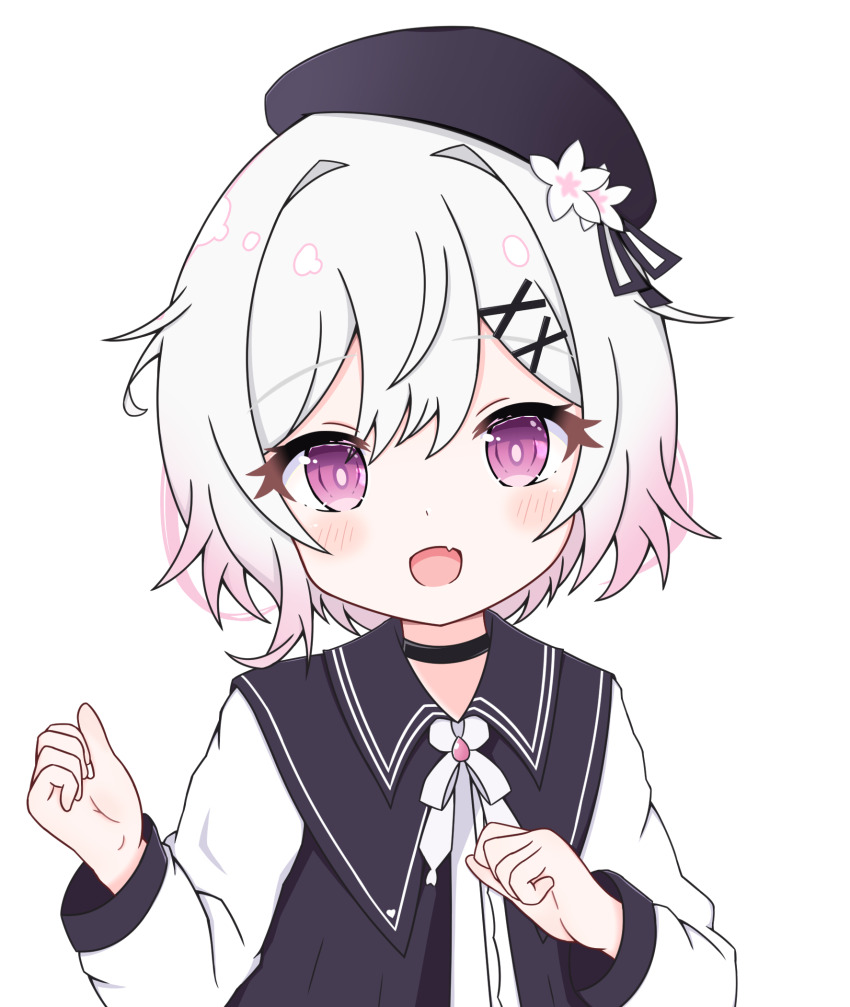 1boy, 1girl, :d, beret, black_choker, black_ribbon, black_sailor_collar, black_shirt