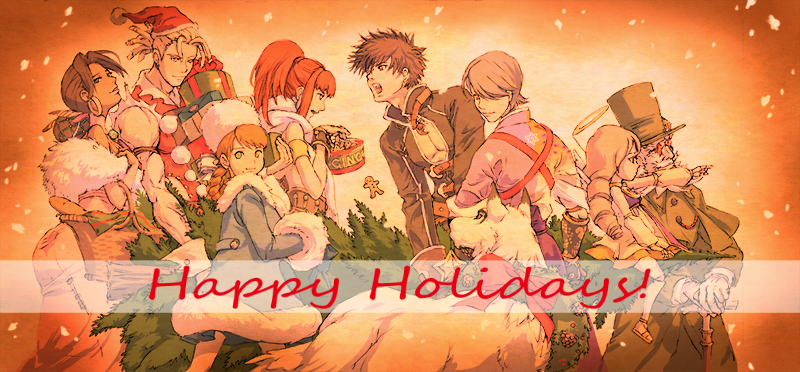 anastasia_(shadow_hearts), blanca_(shadow_hearts), christmas, closed_mouth, cornelia_(shadow_hearts), gepetto_(shadow_hearts), happy_holidays, joachim_valentine