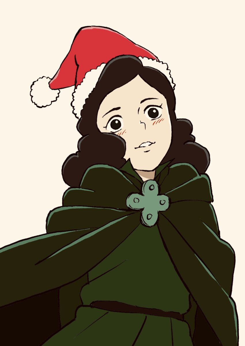 1girl, blush, brown_hair, cape, gojooni, green_cape, hat, highres