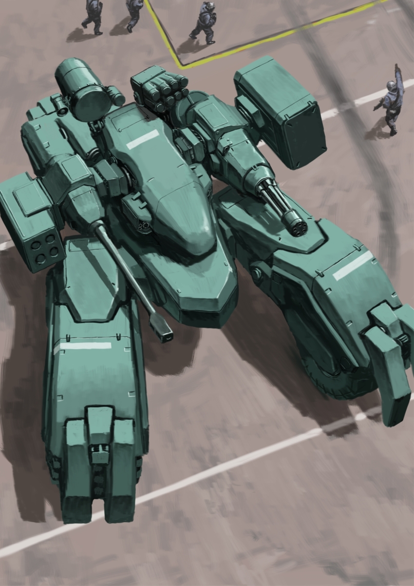 assault_rifle, autocannon, cannon, caterpillar_tracks, commentary_request, from_above, gatling_gun, grenade_launcher