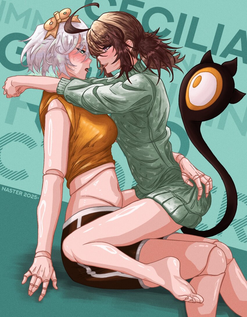 2girls, ahoge, alternate_costume, bare_legs, barefoot, blush, brown_eyes, brown_hair