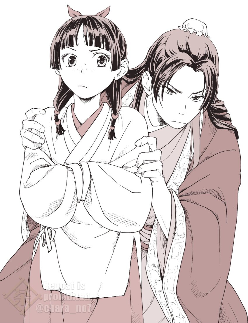 1boy, 1girl, beads, blunt_bangs, bun_cover, chara_no7, chinese_clothes, commentary_request