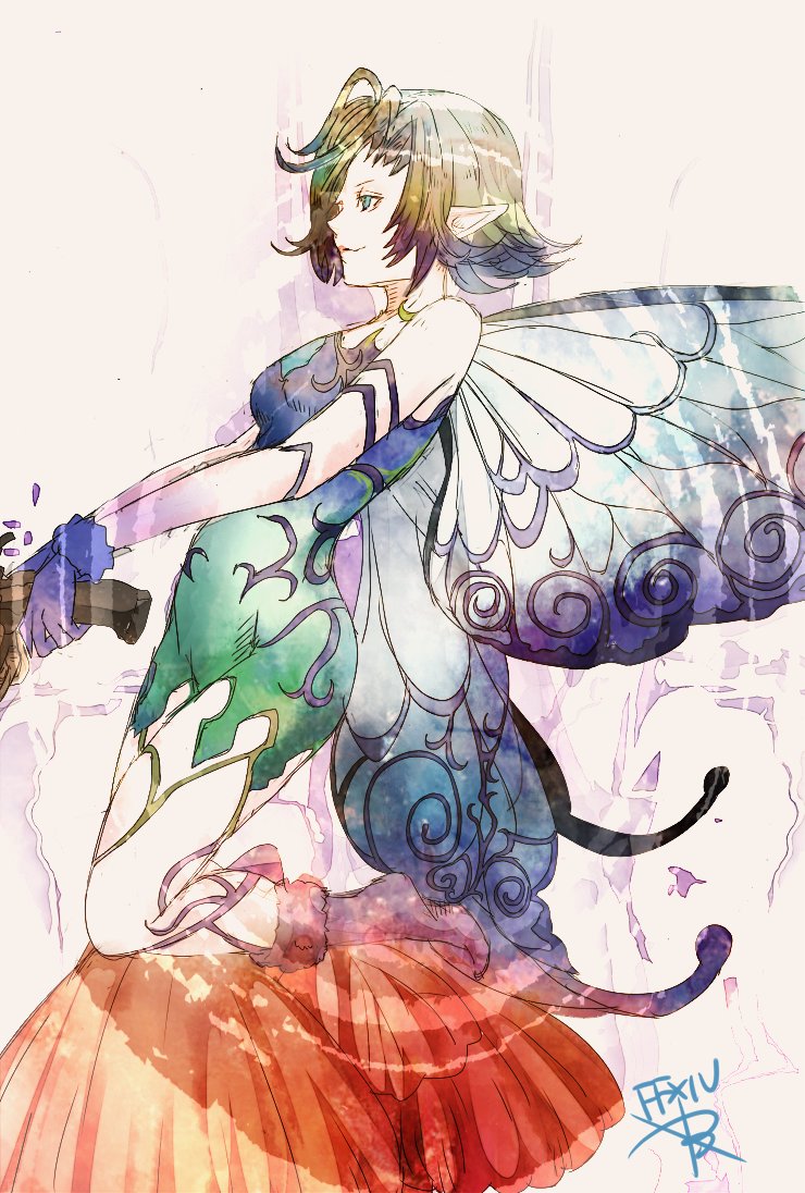 1girl, aqua_eyes, bare_shoulders, black_hair, blue_gloves, blue_wings, butterfly_wings, closed_mouth