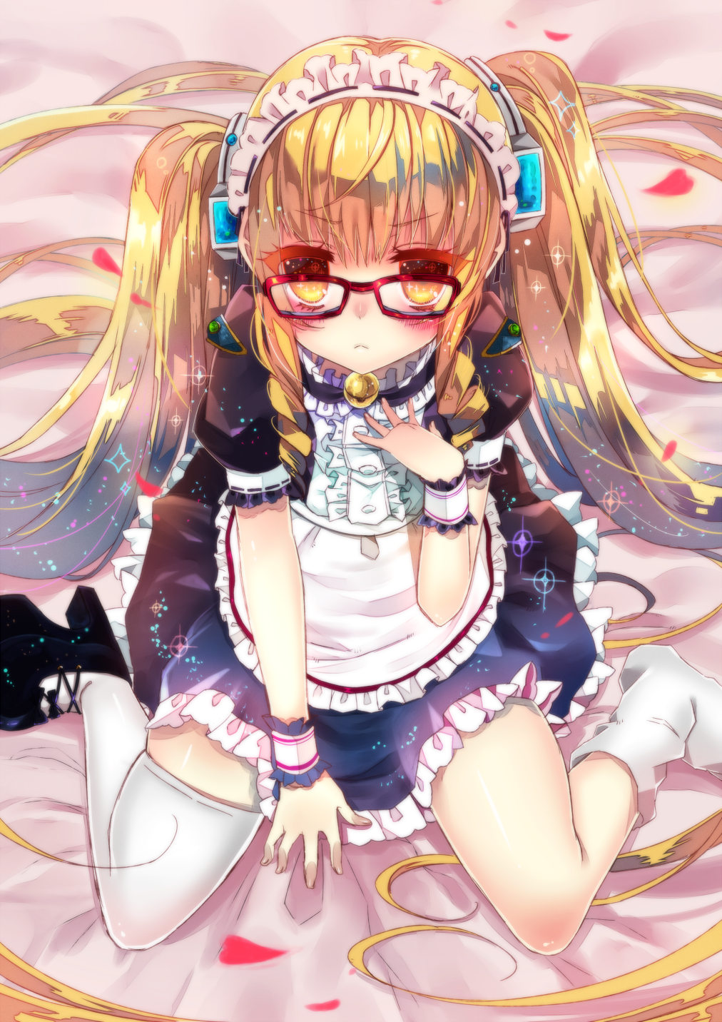 1girl, absurdly_long_hair, apron, asymmetrical_legwear, bed_sheet, bell, between_legs, black_bow