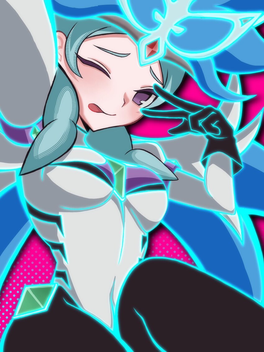 1girl, ;p, aqua_hair, beta_(inazuma_eleven), black_gloves, black_pantyhose, blush, bodysuit