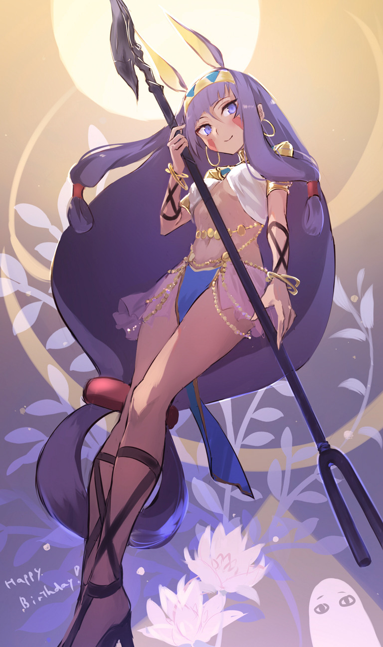 1girl, alt_(apou), ancient_egyptian, ancient_egyptian_clothes, animal_ears, bangle, belly_chain, bracelet, breasts, commentary_request, dark-skinned_female, dark_skin, earrings, facepaint, fate/grand_order, fate_(series), flower, hair_between_eyes, happy_birthday, highres, holding, holding_staff, hoop_earrings, jackal_ears, jewelry, long_hair, medium_breasts, medjed_(fate), nitocris_(fate), nitocris_(second_ascension)_(fate), pelvic_curtain, purple_eyes, purple_hair, solo, staff, very_long_hair, white_flower