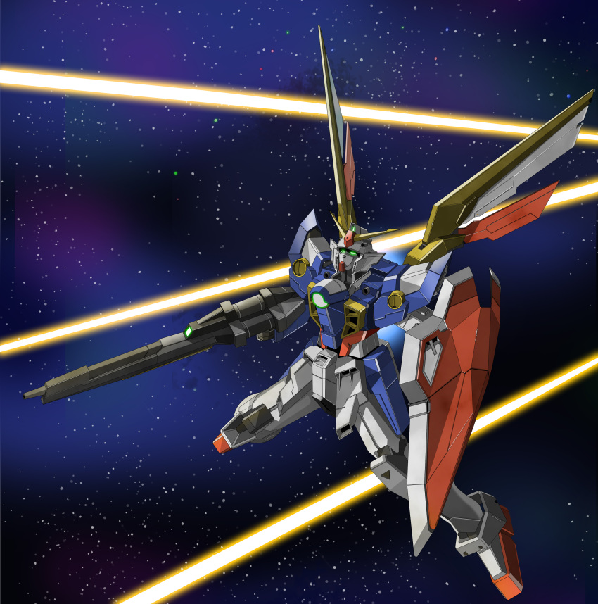 absurdres, buster_rifle, commentary_request, green_eyes, gun, gundam, gundam_wing, highres, holding, holding_gun, holding_weapon, mecha, mecha_focus, mobile_suit, nagi_(user_dwyh2252), no_humans, robot, science_fiction, shield, solo, space, v-fin, weapon, wing_gundam, wings