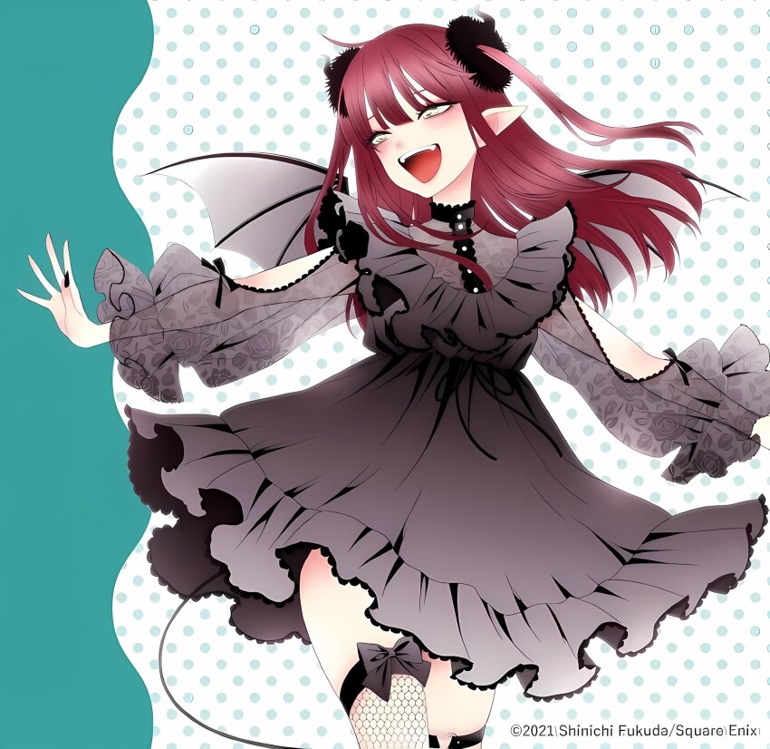 1girl, artist_name, bat_wings, black_dress, black_nails, black_ribbon, blue_polka_dots, blush