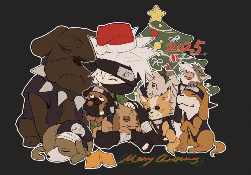 1boy, akino_(naruto), animal, bisuke_(naruto), black_gloves, black_pants, bull_(naruto), christmas