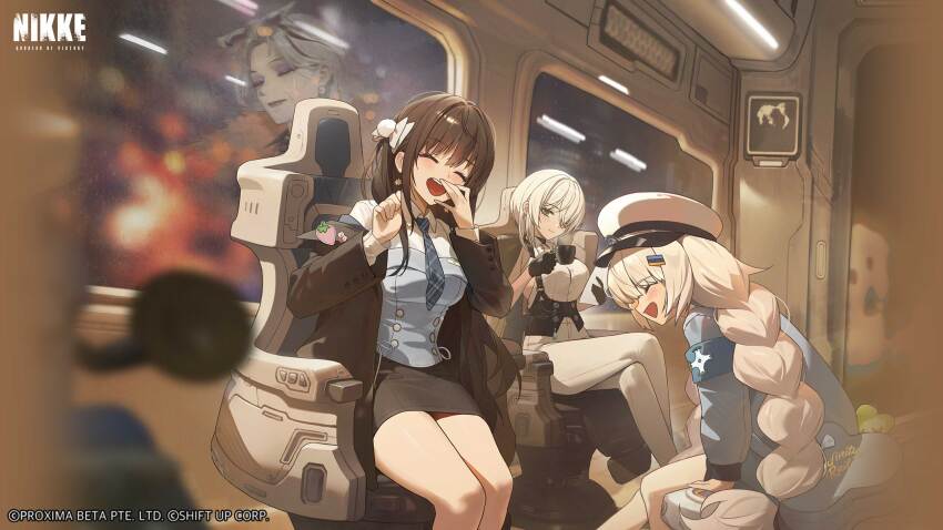 4girls, absurdres, black_coat, black_gloves, black_hair, blue_eyes, blue_necktie, blue_pants