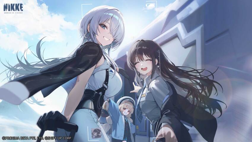 3girls, absurdres, black_coat, black_hair, blue_eyes, blue_necktie, blue_pants, blue_sky