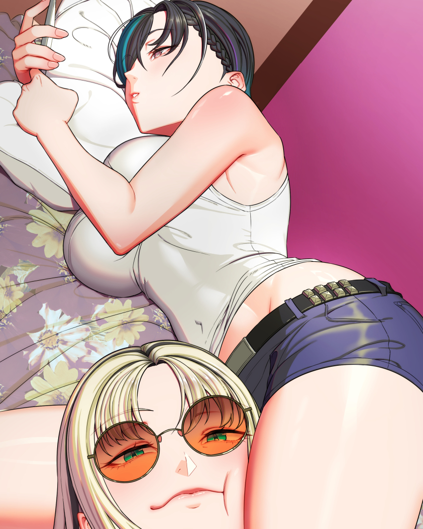 2girls, absurdres, aqua_hair, between_thighs, black_hair, blue_goose, blush, breasts, cellphone, commentary, earrings, english_commentary, head_between_thighs, head_on_pillow, highres, holding, holding_phone, hololive, hololive_dev_is, i'm_this_clingy_(meme), jewelry, koganei_niko, large_breasts, long_hair, looking_at_phone, looking_at_viewer, lying, medium_hair, meme, multicolored_hair, multiple_girls, on_bed, on_side, phone, photo-referenced, pillow, red_eyes, rindo_chihaya, scissorhold, shirt, shorts, smartphone, smile, streaked_hair, thigh_focus, thighs, virtual_youtuber, white_hair, yuri